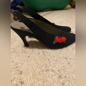 Christian Dior Black Slingback Heels with Red Floral Accent